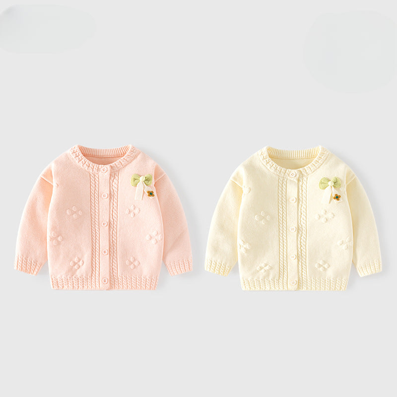 Cotton Girls' Cardigan Sweater with Class A Butterfly Bow, Solid Color Knitted Baby Sweater, Autumn Baby Outerwear