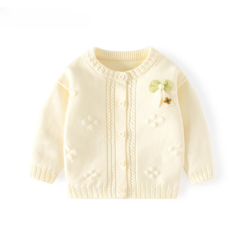 Cotton Girls' Cardigan Sweater with Class A Butterfly Bow, Solid Color Knitted Baby Sweater, Autumn Baby Outerwear