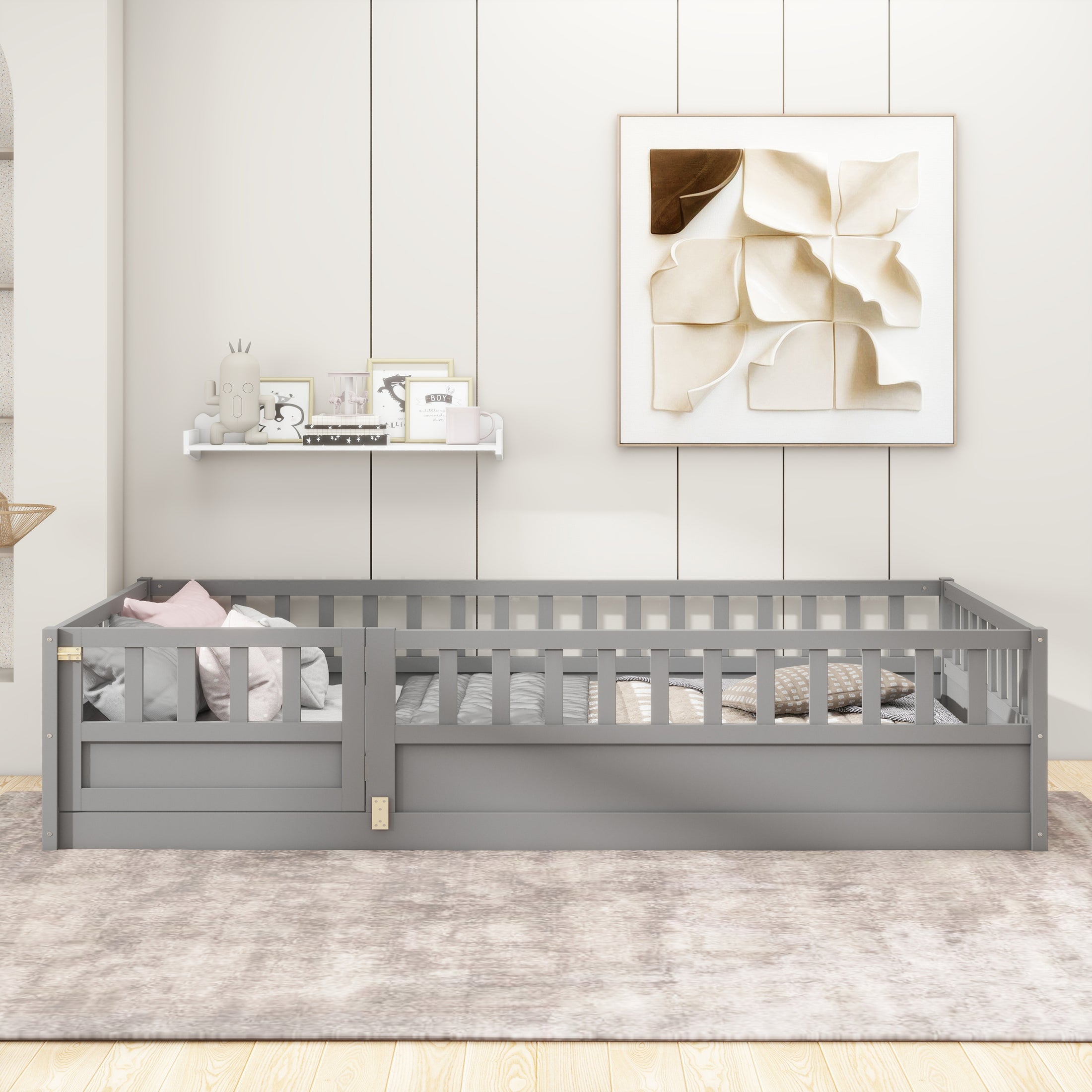 Twin Montessori Floor Bed with High Guardrails, Door & Support Slats, Gray