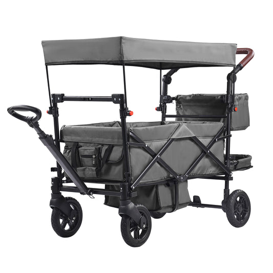 Wagon Stroller for 2 Kids, Push Pull Quad Collapsible Stroller with Adjustable Handle, Encircling Harness Removable Canopy, 4 Wheels w/ Brakes, Mutifunction Tandem Stroller for Camping Dark Grey