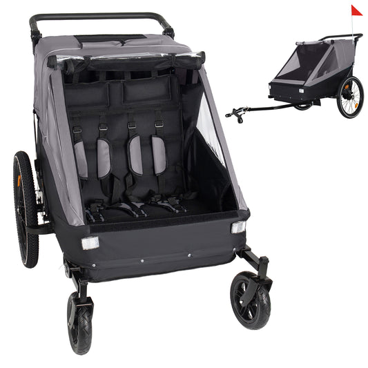 2 in 1 Kids Bike Trailer and Stroller for 1 to 2 Children, Jogging Function, Foldable Compact Storage with Universal Bike Hitch, 5-Point Harness and Storage Bags, Gray
