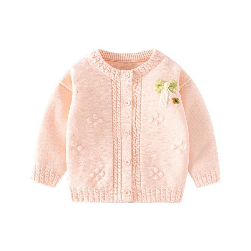 Cotton Girls' Cardigan Sweater with Class A Butterfly Bow, Solid Color Knitted Baby Sweater, Autumn Baby Outerwear