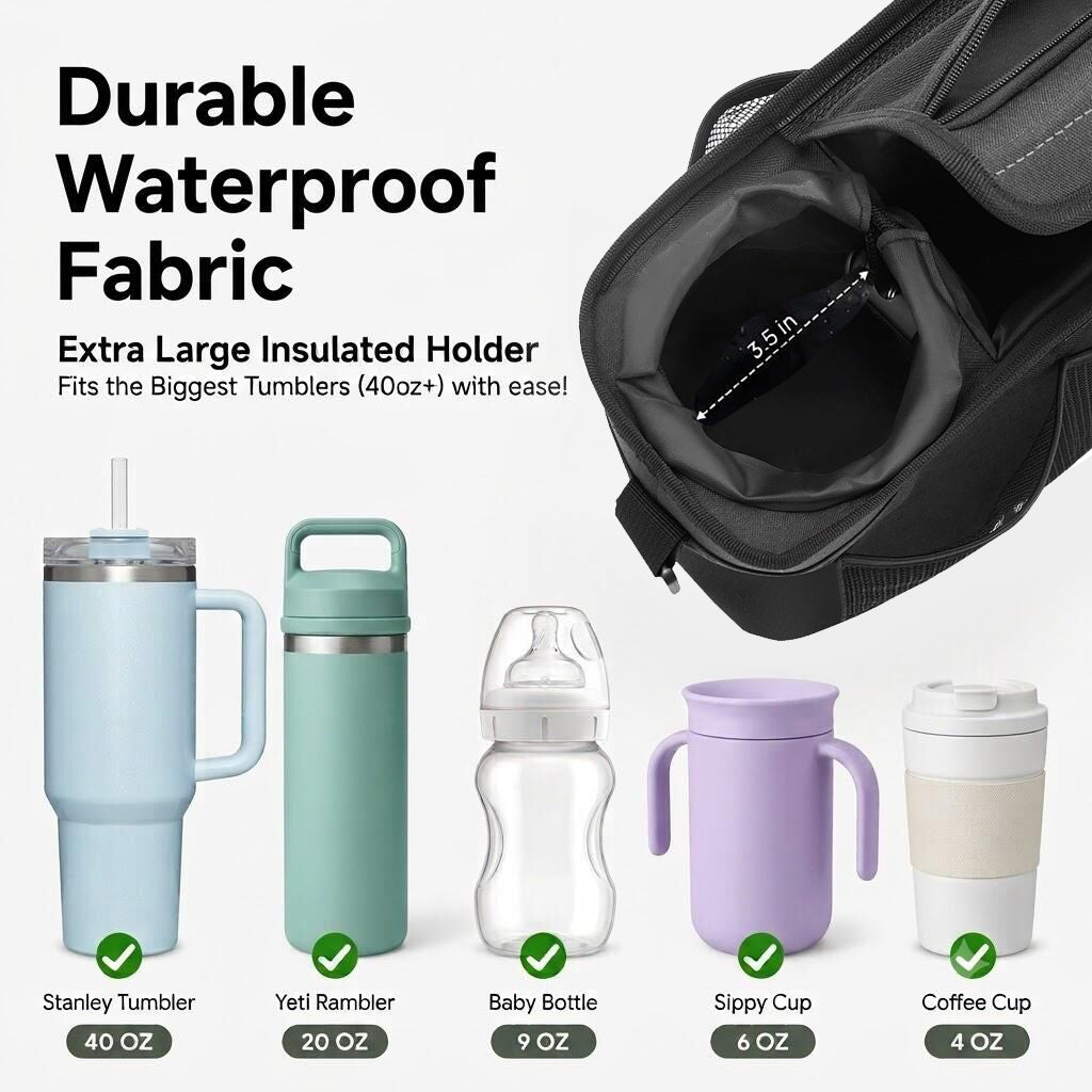 SUNVENO Universal Stroller Organizer with Insulated Cup Holder Detachable Phone Bag