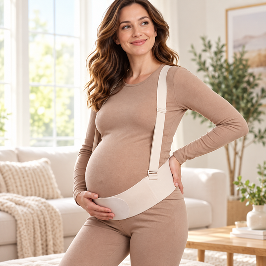 Model wearing the SUNVENO YP04 beige maternity support belt with adjustable shoulder straps in a bright living room