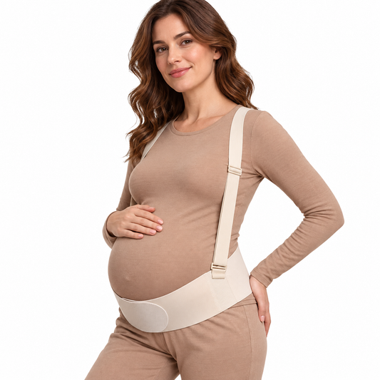 SUNVENO YP04 beige maternity support belt with adjustable shoulder straps, shown on a model against a white background
